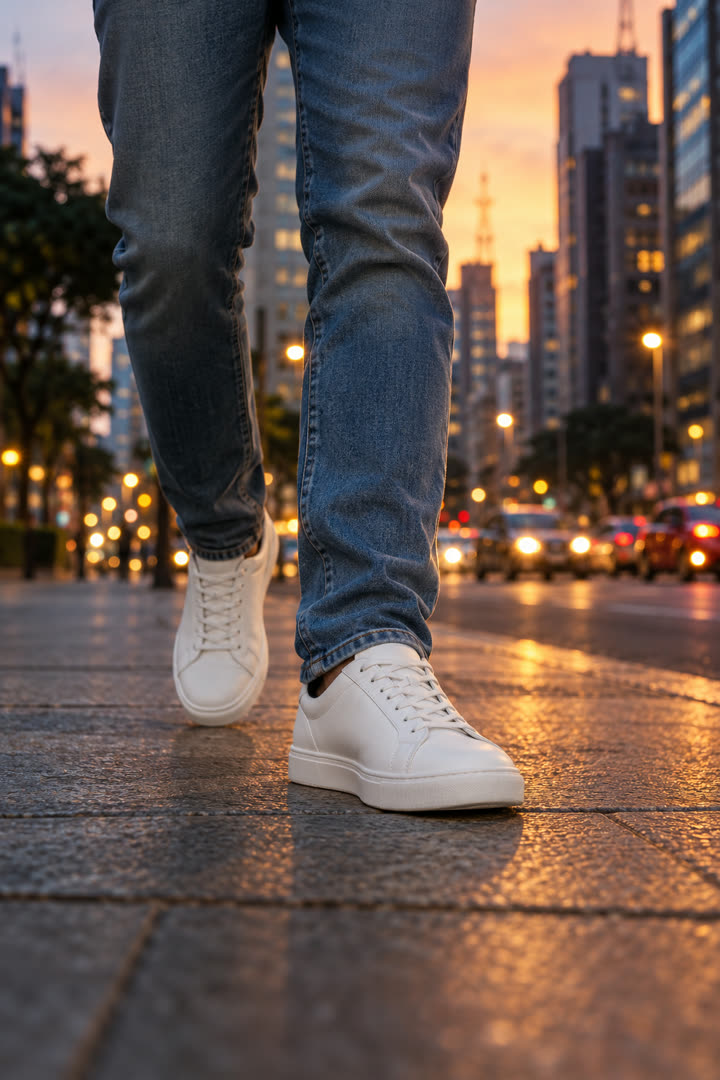 Tênis branco andando na rua